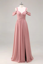 HEULORIA Elegant Dusty Rose Cold-Shoulder Chiffon Bridesmaid Dress with Criss-Cross Ruched Bodice and Side Slit ED-258