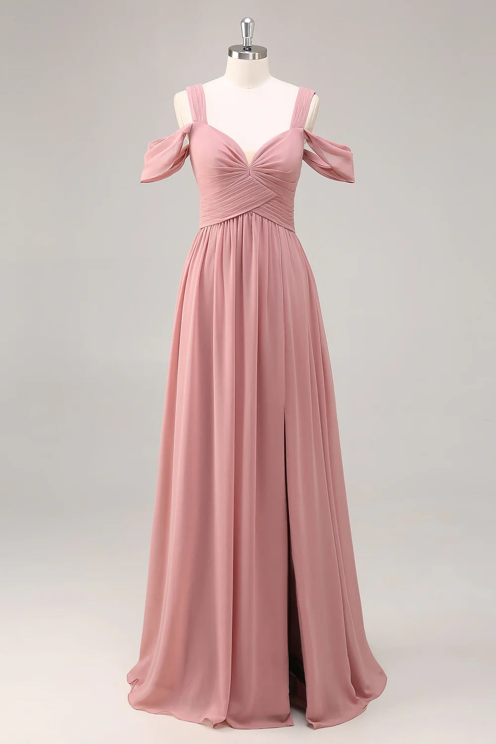 HEULORIA Elegant Dusty Rose Cold-Shoulder Chiffon Bridesmaid Dress with Criss-Cross Ruched Bodice and Side Slit ED-258