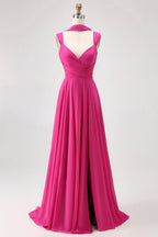 HEULORIA Fuchsia Pleated Chiffon Bridesmaid Dress with Matching Scarf & Side Slit ED-257