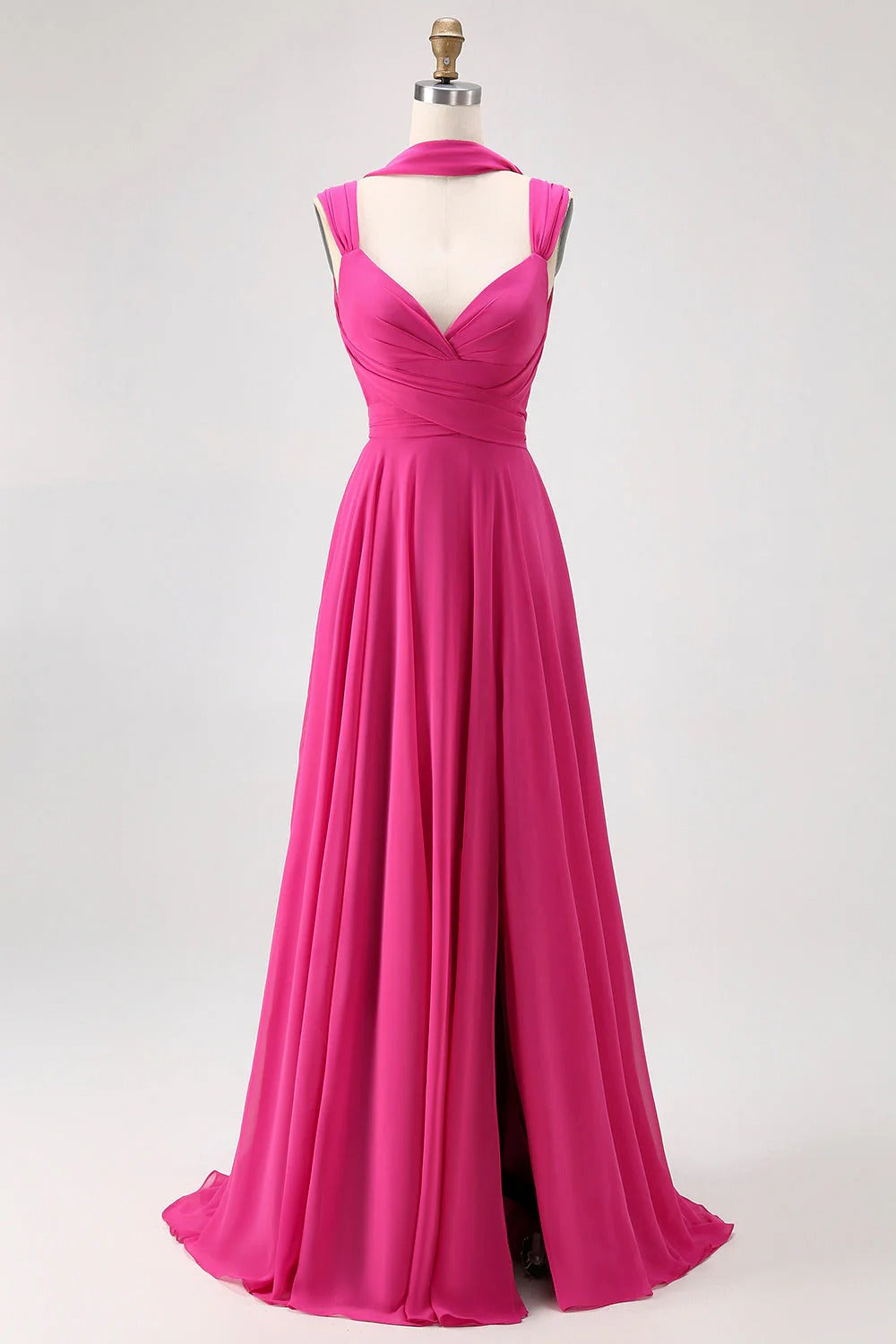 HEULORIA Fuchsia Pleated Chiffon Bridesmaid Dress with Matching Scarf & Side Slit ED-257