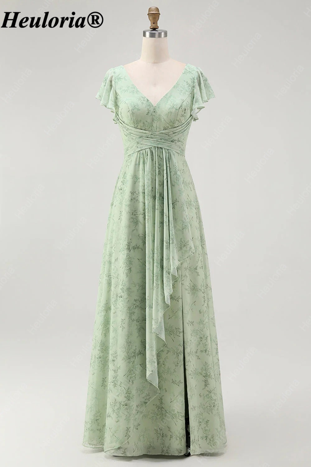 heuloria-Floral V-Neck Flutter Sleeve Bridesmaid Dress with Ruffle Slit-ed-564