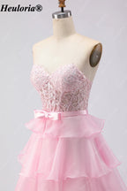 heuloria Strapless Lace Tiered Ruffle Prom Dress with Bow Waist ed-514