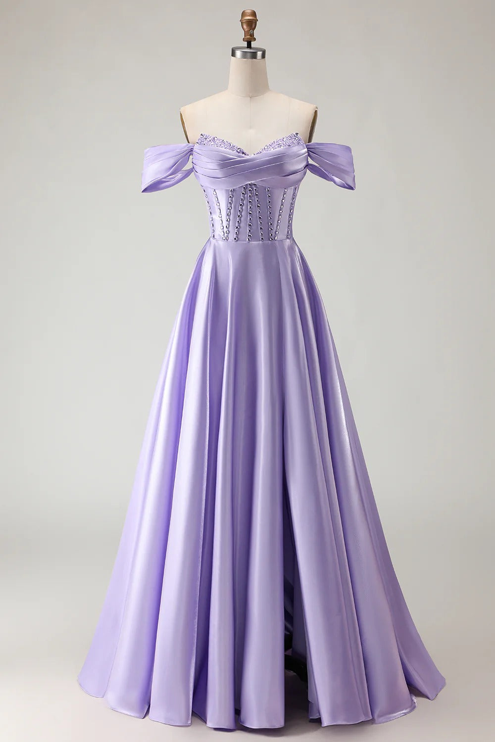 HEULORIA Off-the-Shoulder Sequin Beaded Satin Prom Dress with Slit & Corset Back ED-586