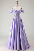 HEULORIA Off-the-Shoulder Sequin Beaded Satin Prom Dress with Slit & Corset Back ED-586