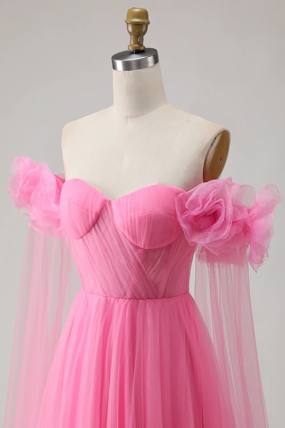 Heuloria Romantic Off-the-Shoulder Pink Tulle Prom Dress with 3D Floral Sleeves & Ruched Bodice ED-512