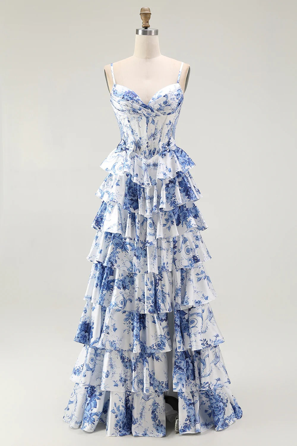 Heuloria Blue & White Floral Tiered Ruffle Maxi Dress - Elegant Spaghetti Strap Corset Prom Gown with Lace-Up Back ED-352