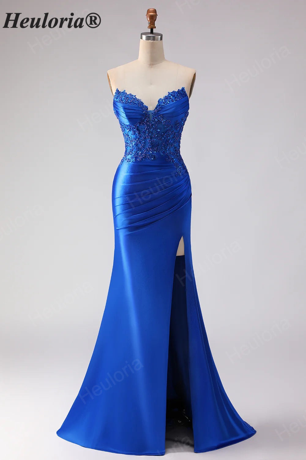 HEULORIA Royal Blue Strapless Mermaid Satin Prom Dress with Lace Appliqué & Thigh Slit ED-655