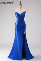 HEULORIA Royal Blue Strapless Mermaid Satin Prom Dress with Lace Appliqué & Thigh Slit ED-655