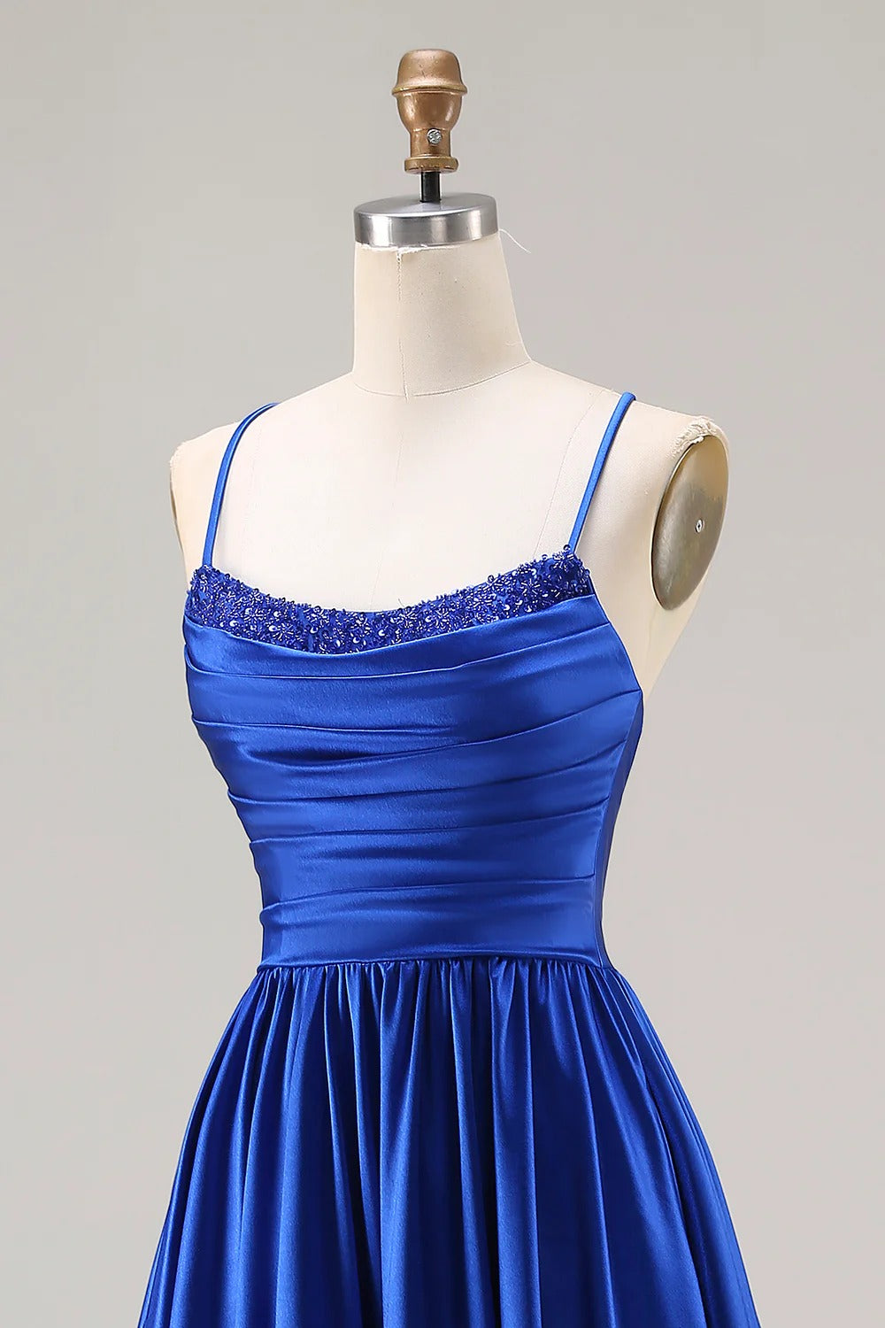 HEULORIA Royal Blue Satin A-Line Evening Dress with Beaded Neckline and Lace-up Back ED-523