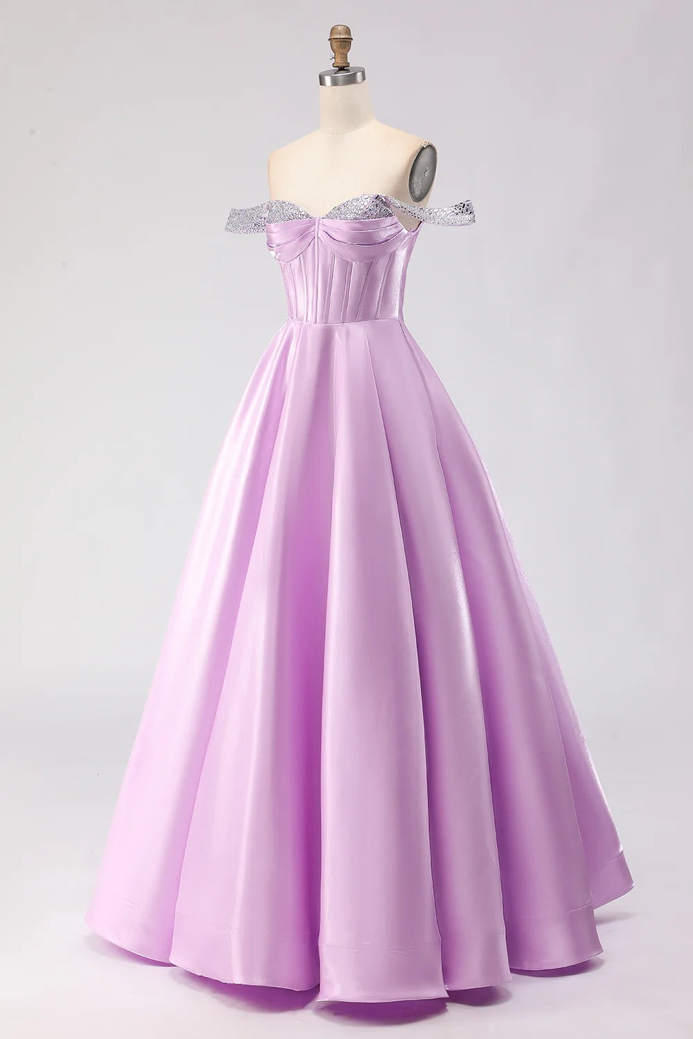HEULORIA Elegant Lavender Off-The-Shoulder Satin Prom Dress with Sequin Trim and Corset Bodice A-Line Evening Gown ED-500