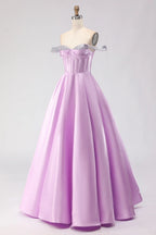 HEULORIA Elegant Lavender Off-The-Shoulder Satin Prom Dress with Sequin Trim and Corset Bodice A-Line Evening Gown ED-500