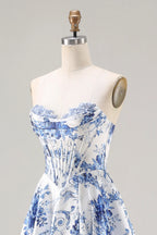 Heuloria Elegant Toile de Jouy Blue and White Porcelain Print A-Line Prom Dress with High Slit & Corset Bodice ED-513