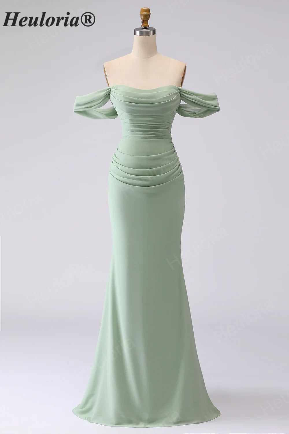 HEULORIA Elegant Off-The-Shoulder Ruched Sage Green Chiffon Mermaid Bridesmaid Dress with Lace-Up Back ED-654