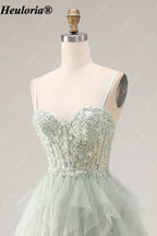 heuloria Dusty Green Floral Corset Tulle Prom Dress with Cascading Ruffles ed-518