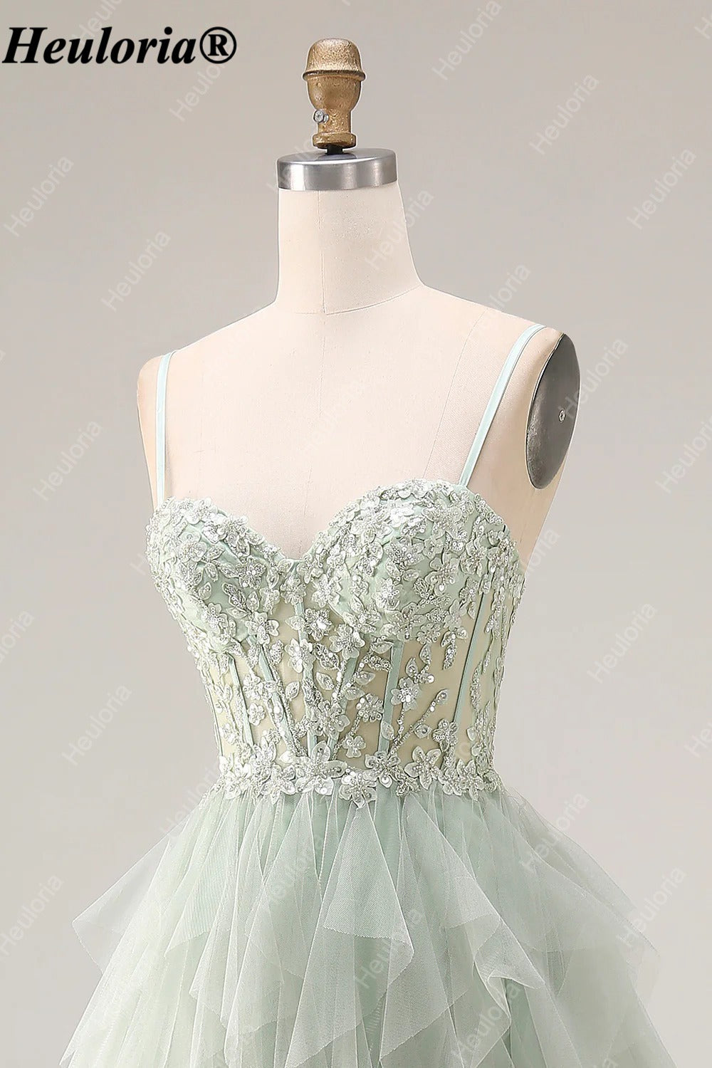 heuloria Dusty Green Floral Corset Tulle Prom Dress with Cascading Ruffles ed-518