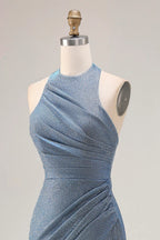 HEULORIA Shimmering Dusty Blue Halter Neck Ruched Evening Gown with High Slit ED-519