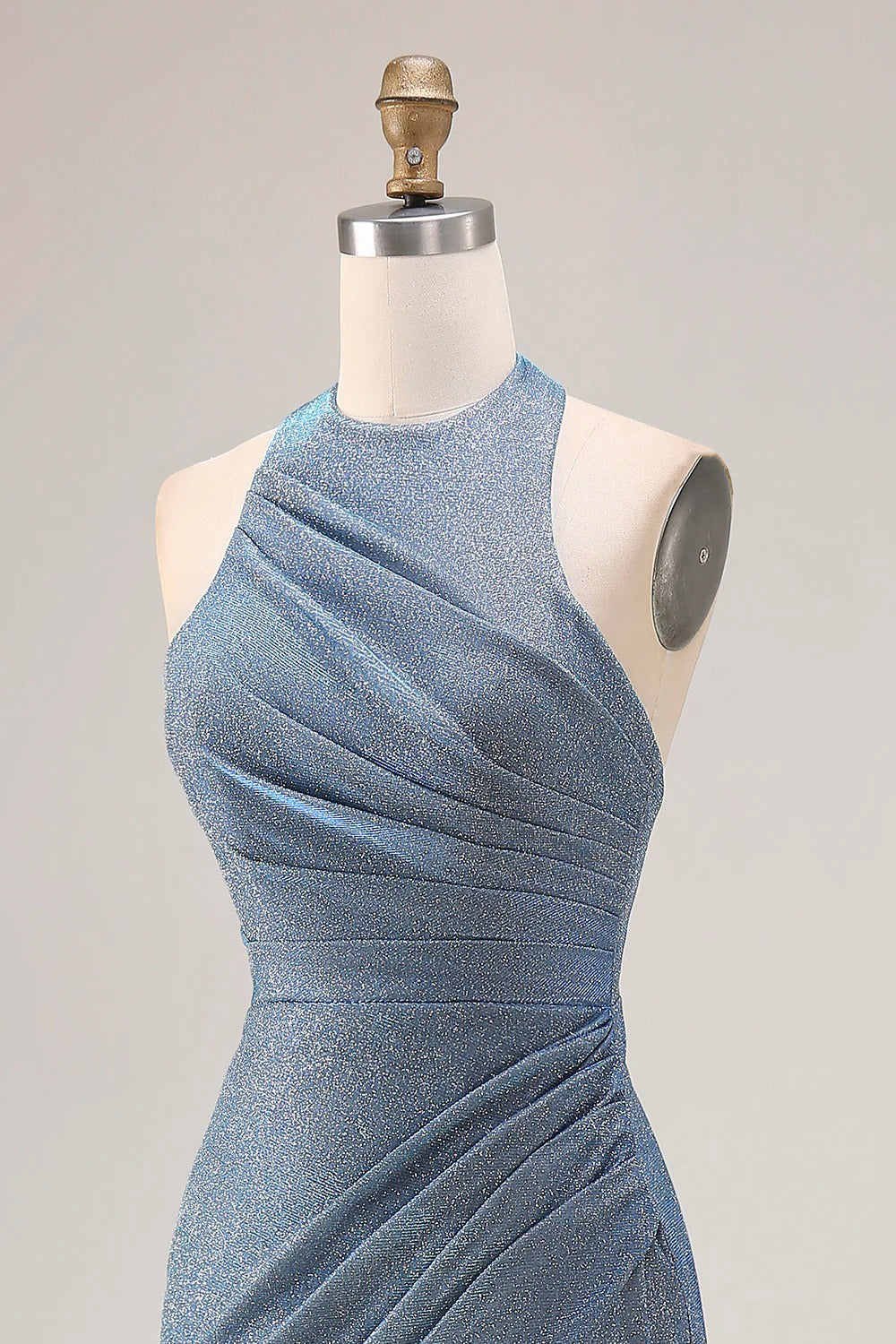 HEULORIA Shimmering Dusty Blue Halter Neck Ruched Evening Gown with High Slit ED-519