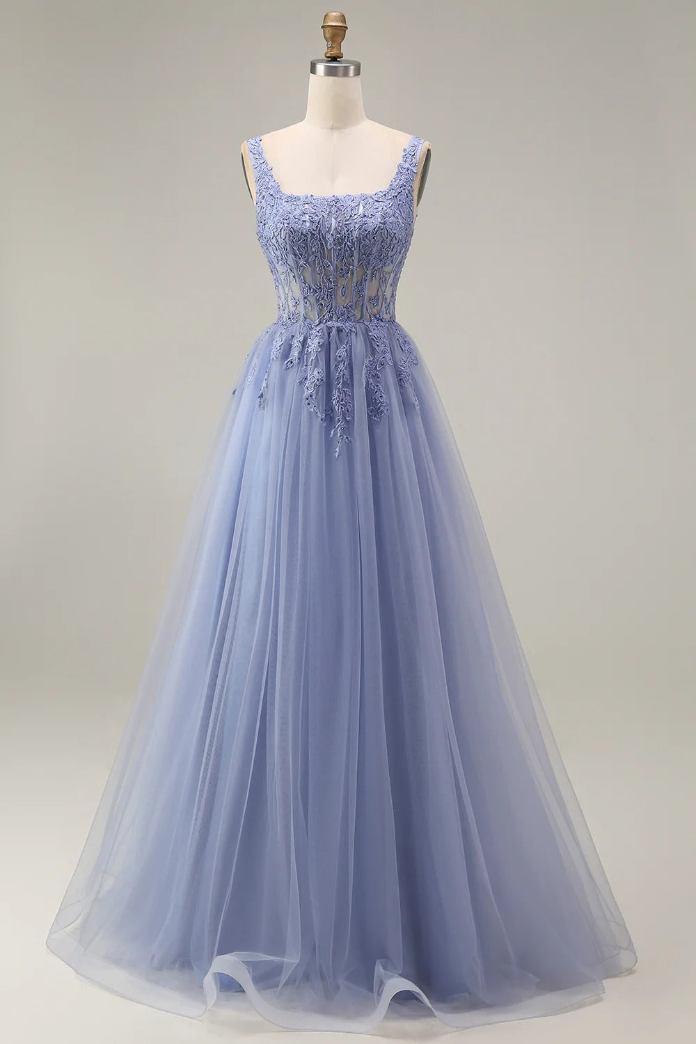 Heuloria Romantic Square Neck Lavender Lace A-Line Tulle Prom Dress with Illusion Corset Bodice ED-502