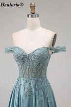 Heuloria Off-the-Shoulder Illusion Lace Bodice Satin A-Line Evening Gown ED-501