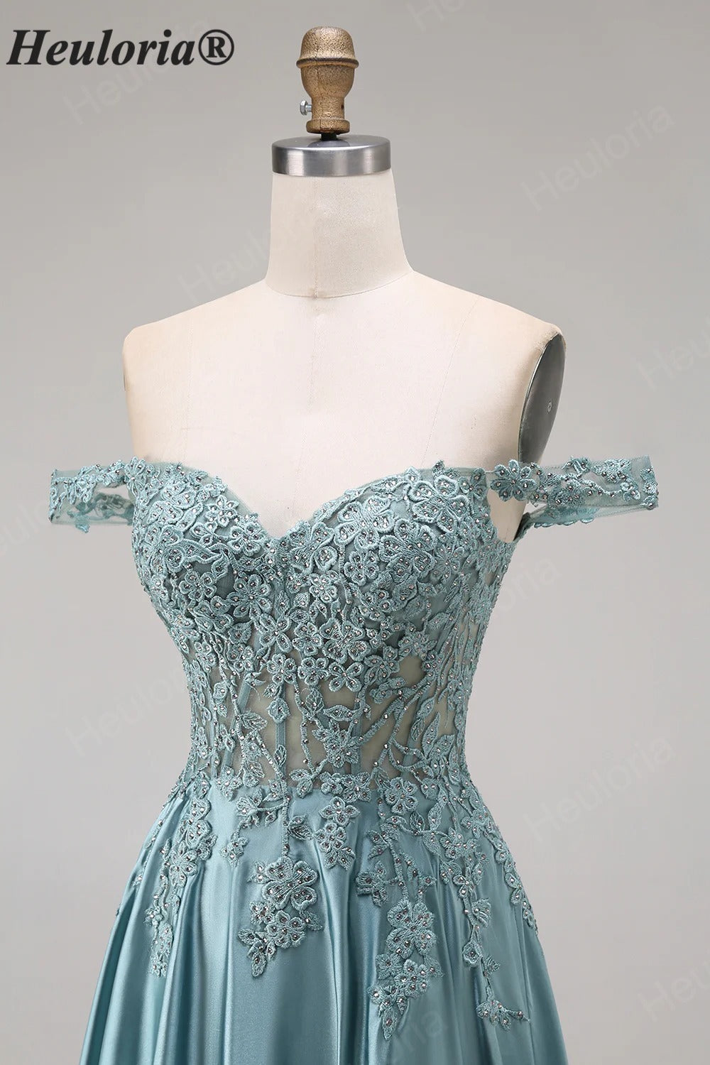 Heuloria Off-the-Shoulder Illusion Lace Bodice Satin A-Line Evening Gown ED-501