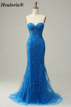 HEULORIA Elegant Strapless Sweetheart Floral Lace Mermaid Evening Gown with Corset Back ED-367