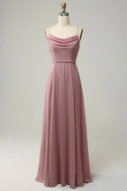 HEULORIA Dusty Rose Cowl Neck Spaghetti Strap Chiffon Bridesmaid Dress - Elegant Floor-Length Evening Gown ED-248