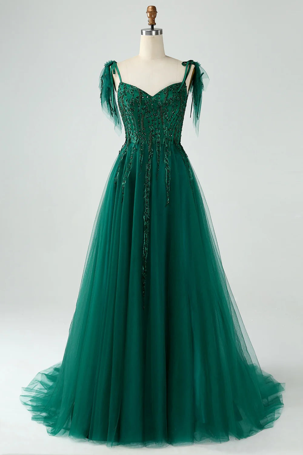 HEULORIA Ethereal Dark Green Beaded Tulle Prom Dress - Sweetheart Neckline & Whimsical Tie-Sleeves ED-344