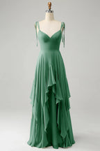 HEULORIA Elegant Cascading Ruffle Chiffon Bridesmaid Dress - Tie-Shoulder V-Neck Maxi Gown ED-252