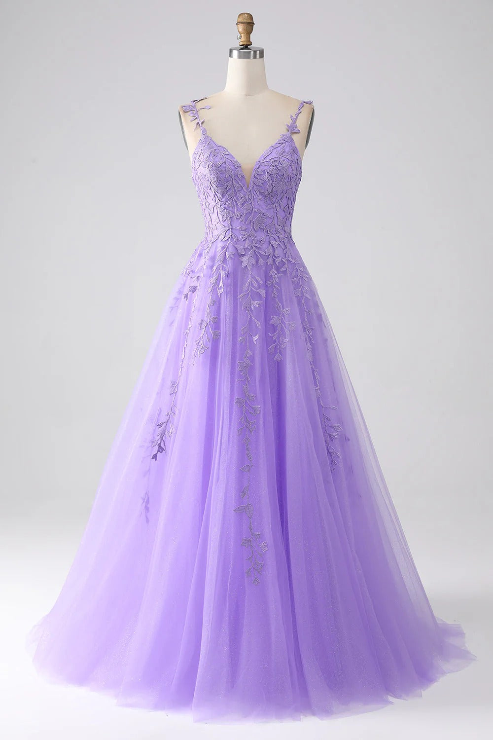 HEULORIA Sparkly Lilac V-Neck Lace Prom Dress - Leafy Embroidery Straps & Corset Back ED-372
