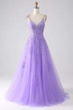 HEULORIA Sparkly Lilac V-Neck Lace Prom Dress - Leafy Embroidery Straps & Corset Back ED-372