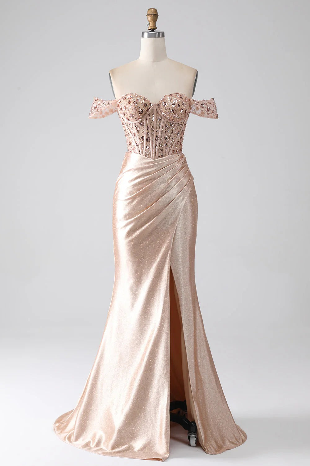HEULORIA Off-the-Shoulder Sequin Corset High Slit Metallic Mermaid Prom Dress ED-240