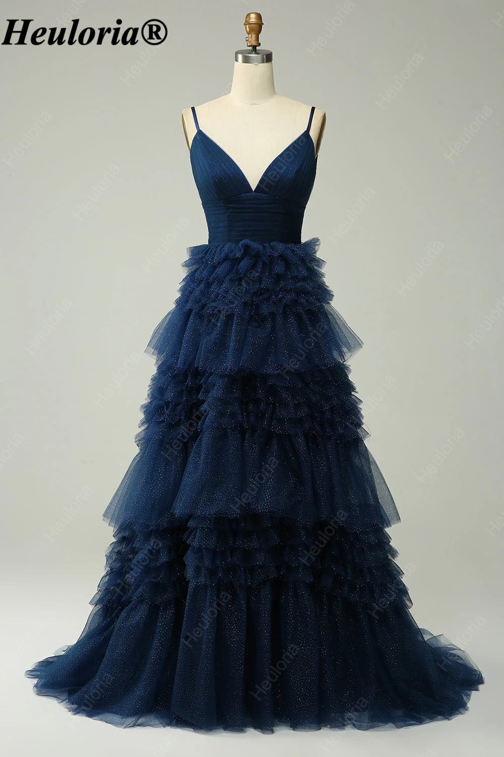 HEULORIA V-Neck Tiered Glitter Tulle Prom Dress with Spaghetti Straps ED-364