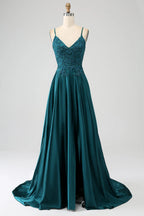 HEULORIA Peacock Green V-Neck Lace Applique Satin Prom Dress - Beaded Spaghetti Strap Lace-Up Evening Gown ED-345