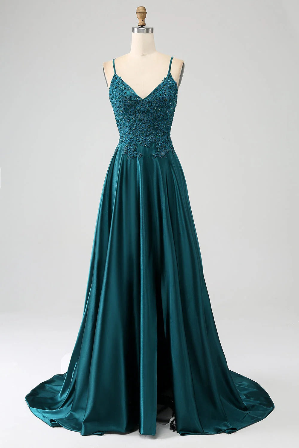 HEULORIA Peacock Green V-Neck Lace Applique Satin Prom Dress - Beaded Spaghetti Strap Lace-Up Evening Gown ED-345