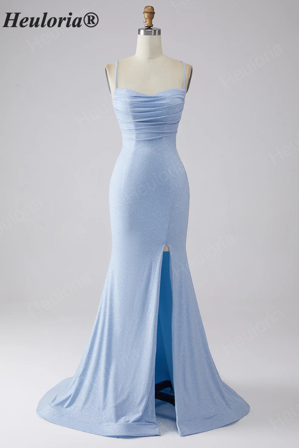 HEULORIA Sparkling Cowl Neck Mermaid Prom Dress with High Slit and Lace-Up Back ED-653