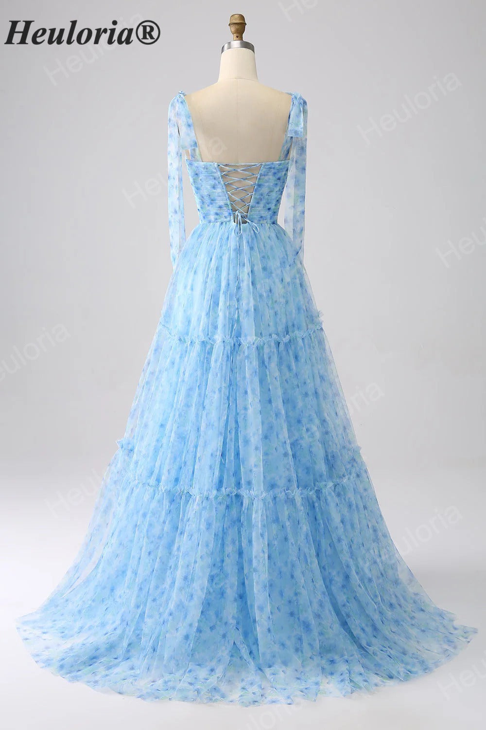 HEULORIA Ethereal Light Blue Floral Print Tiered Tulle Gown with Tie-Up Straps and Corset Back ED-659
