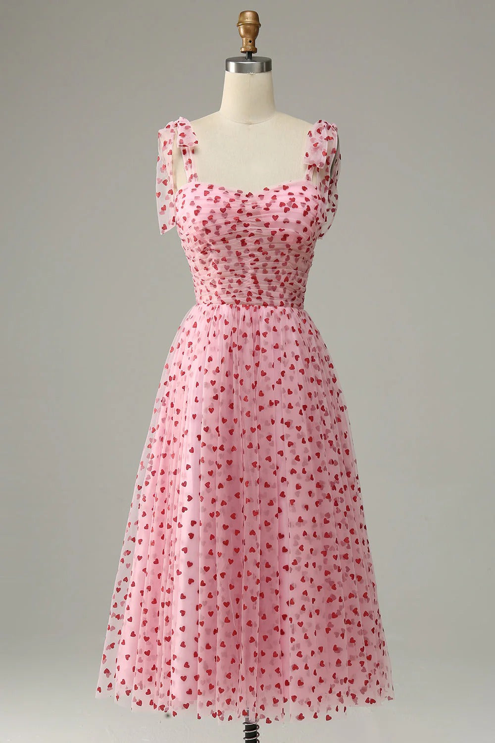 HEULORIA Romantic Pink Heart Print Tulle Midi Dress with Tie-Shoulder Bows ED-581