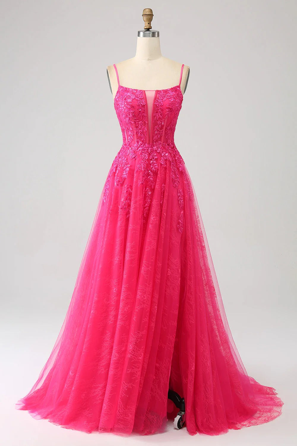 HEULORIA Vibrant Fuchsia Lace Prom Dress - Spaghetti Strap Bodice with High Slit & Corset Back ED-374