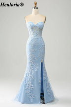 HEULORIA Strapless Sweetheart Lace Corset Prom Dress with Slit ED-369