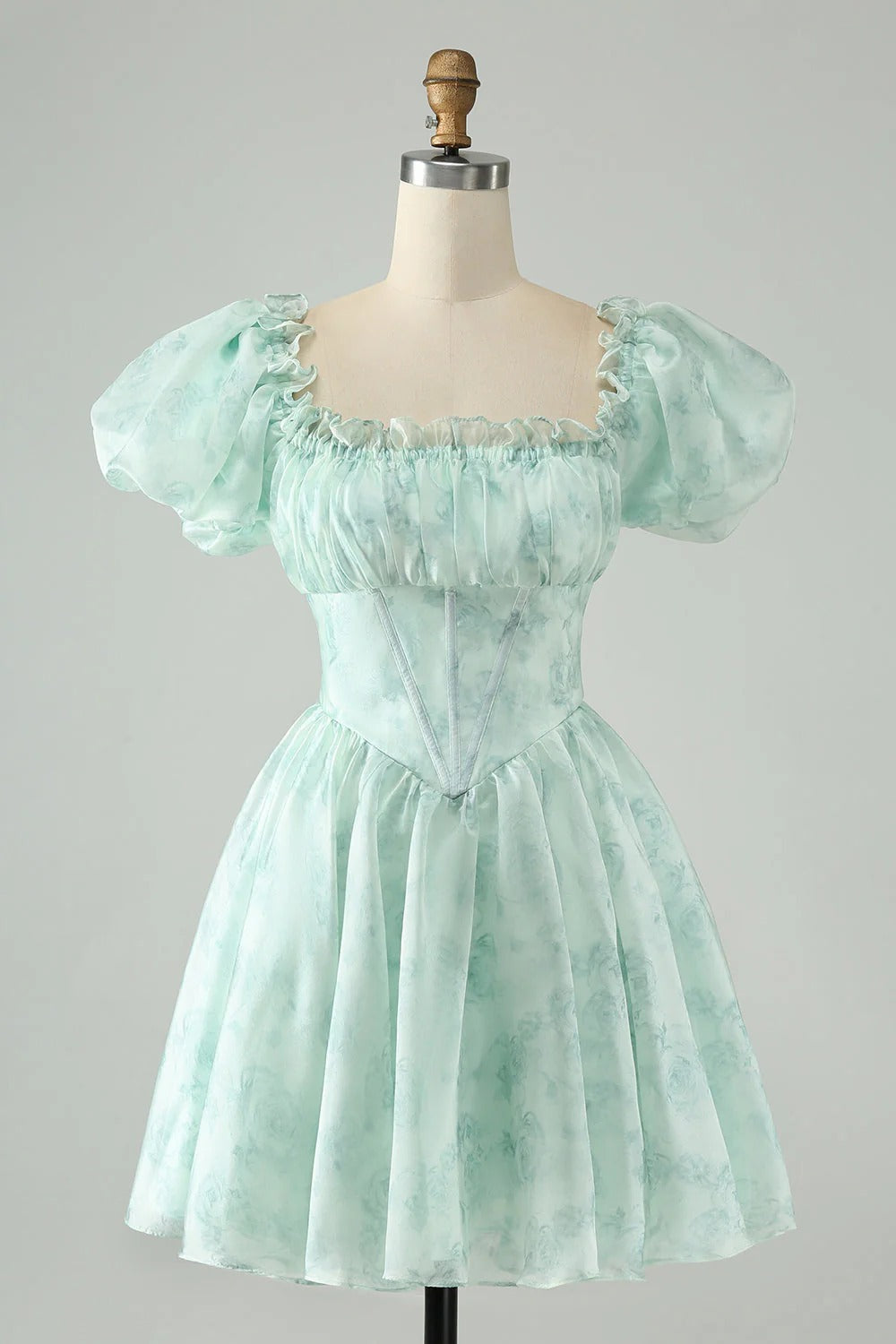 HEULORIA Romantic Floral Puff Sleeve Square Neck Mini Dress with Corset Waist ED-592
