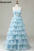 HEULORIA Blue Floral Tiered Prom Dress with Sweetheart Neckline and Cutout ED-368