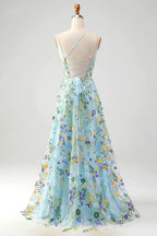 HEULORIA Enchanting Floral Embroidered Spaghetti Strap Prom Dress - Light Blue A-Line Gown with High Slit & Lace-up Back ED-591