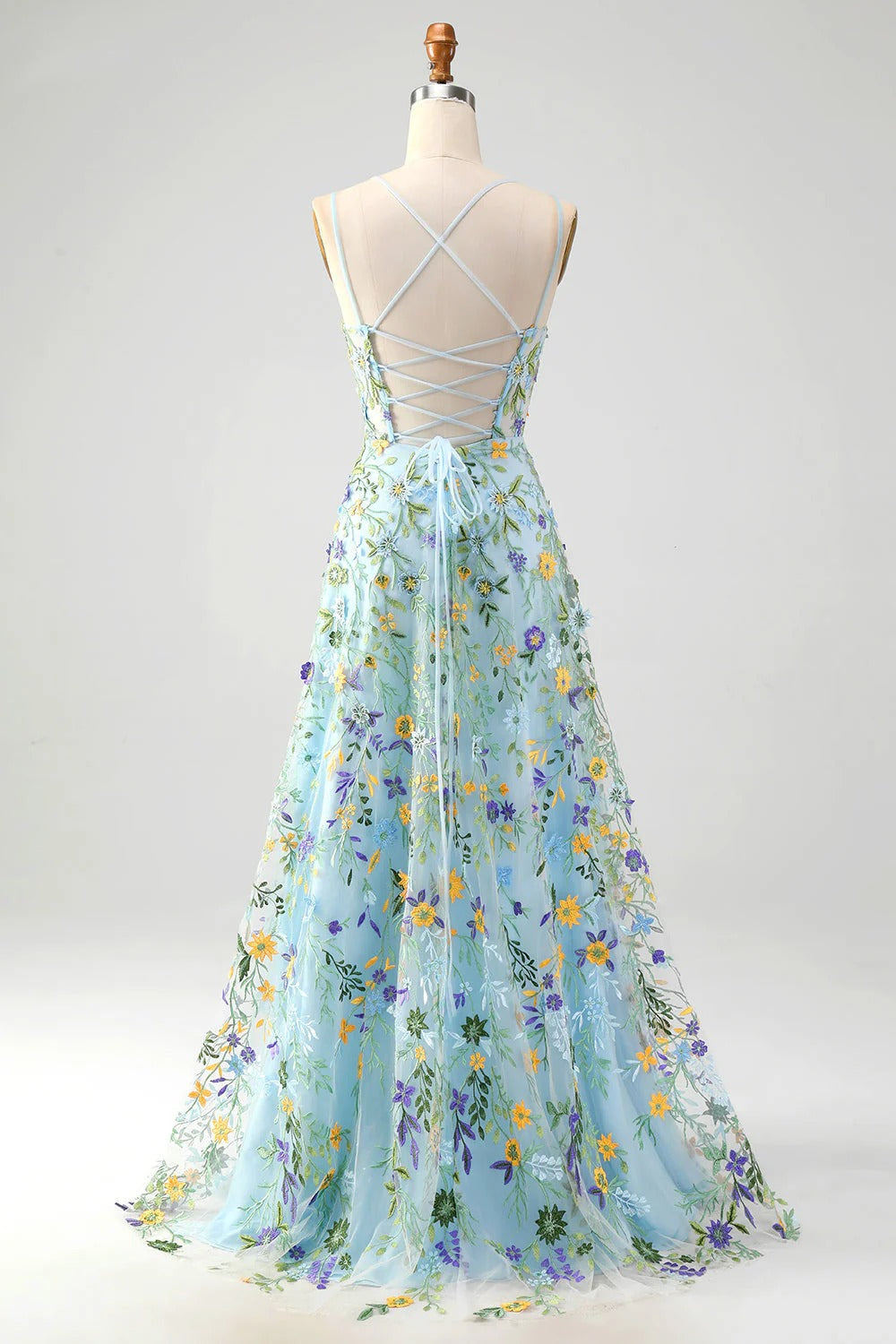 HEULORIA Enchanting Floral Embroidered Spaghetti Strap Prom Dress - Light Blue A-Line Gown with High Slit & Lace-up Back ED-591