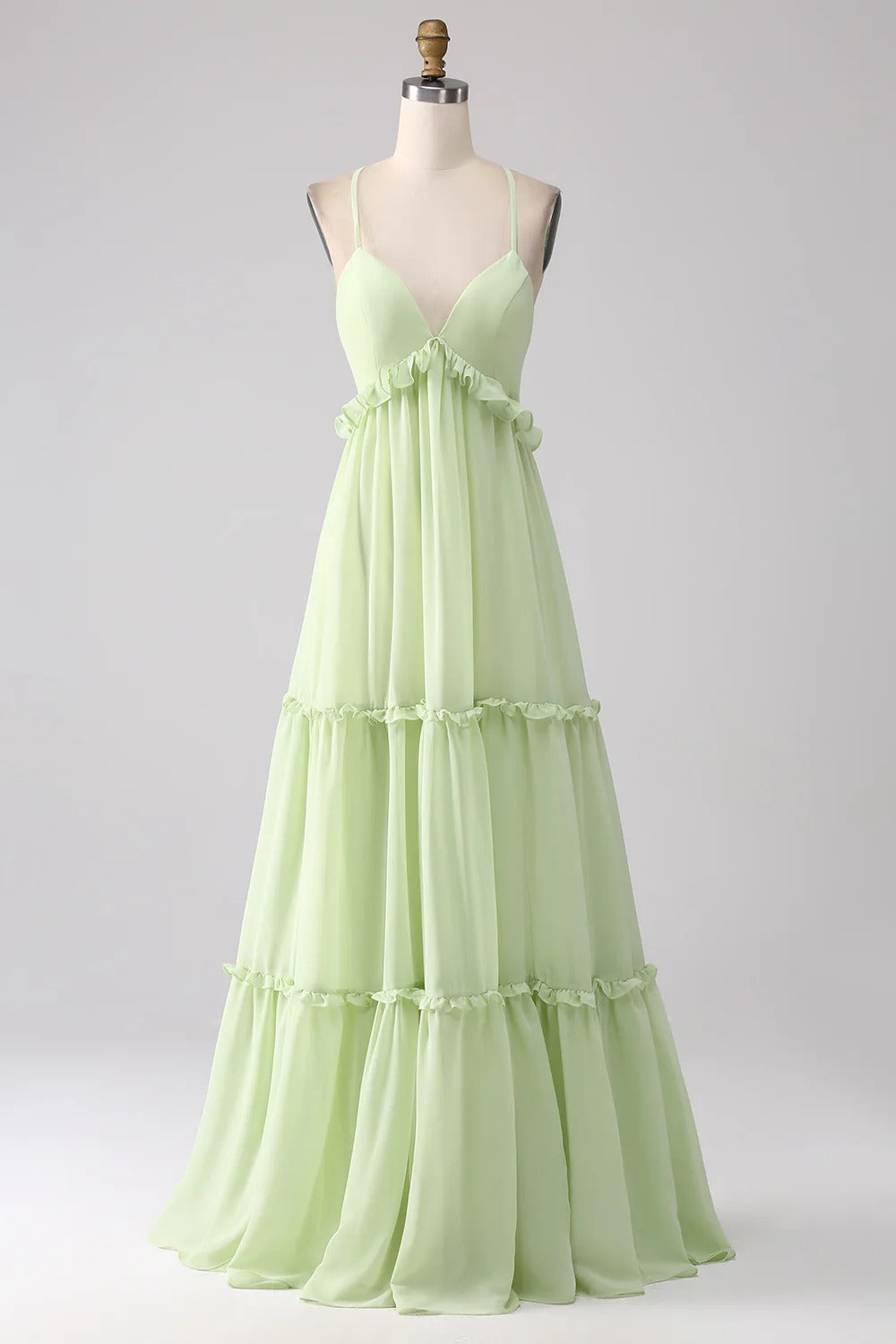 HEULORIA Sage Green Ruffled V-Neck Tiered Chiffon Maxi Dress with Lace-Up Back ED-375