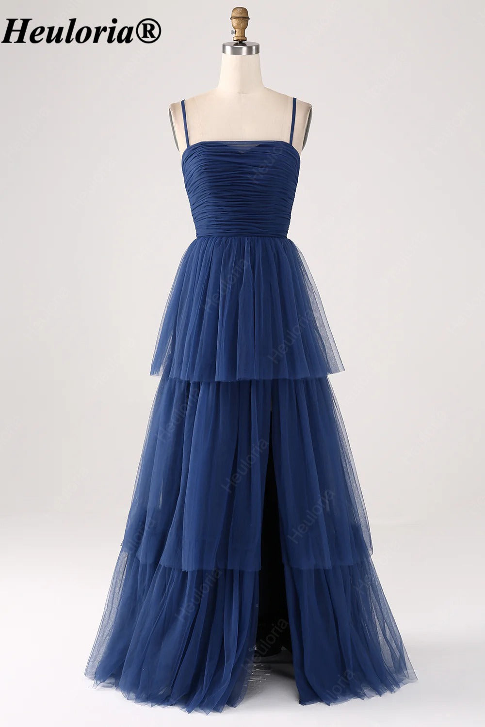 heuloria Navy Ruched Tiered Tulle A-Line Dress with Lace-Up Back-ed-548