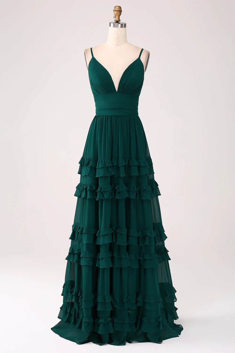 HEULORIA Dark Green Deep V-Neck Tiered Ruffle Chiffon Maxi Dress - Elegant Evening Gown ED-242