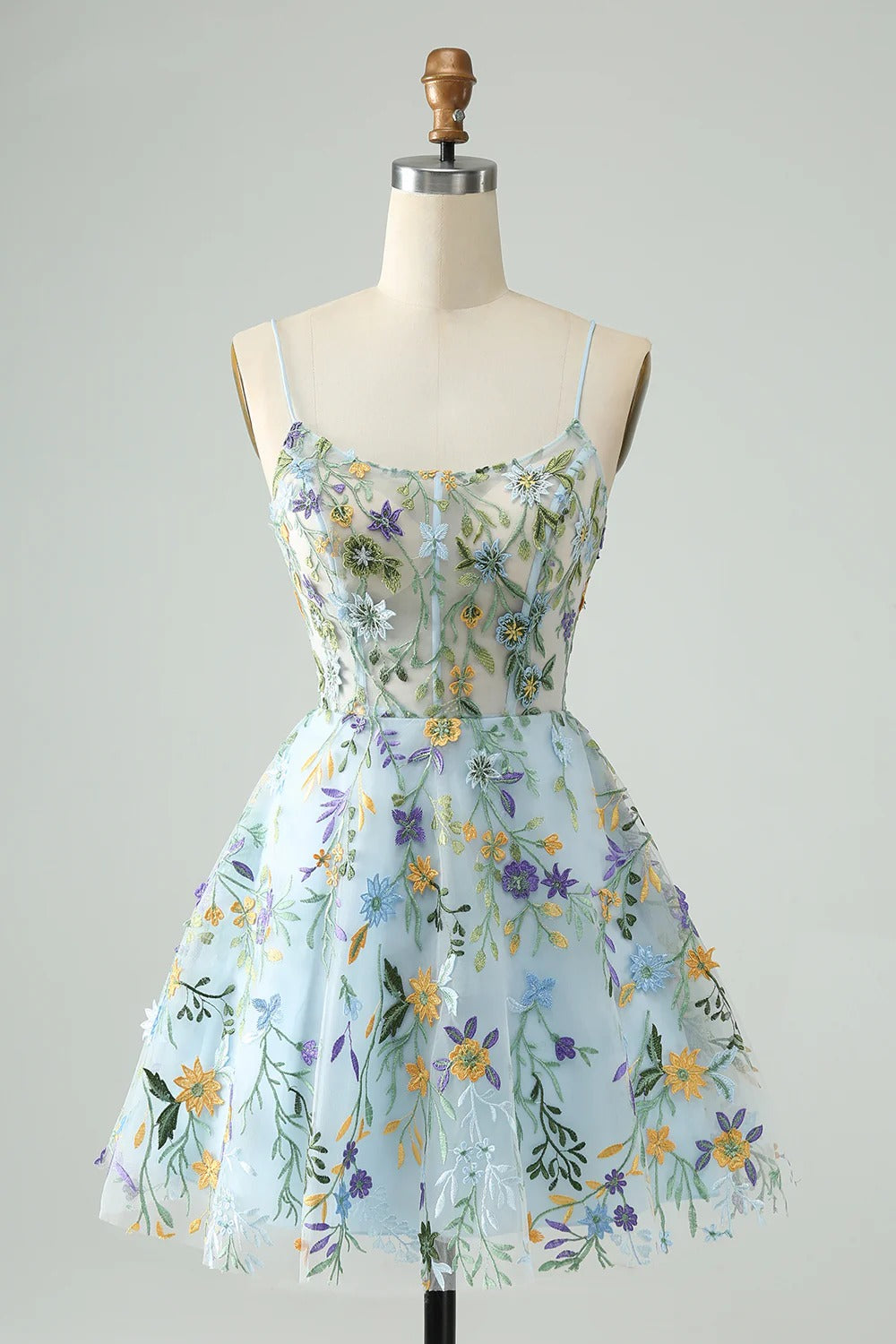 HEULORIA Enchanted Garden Sky Blue Floral Embroidered Short Homecoming Dress - Lace-up Back A-Line Mini Party Gown ED-590