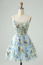 HEULORIA Enchanted Garden Sky Blue Floral Embroidered Short Homecoming Dress - Lace-up Back A-Line Mini Party Gown ED-590