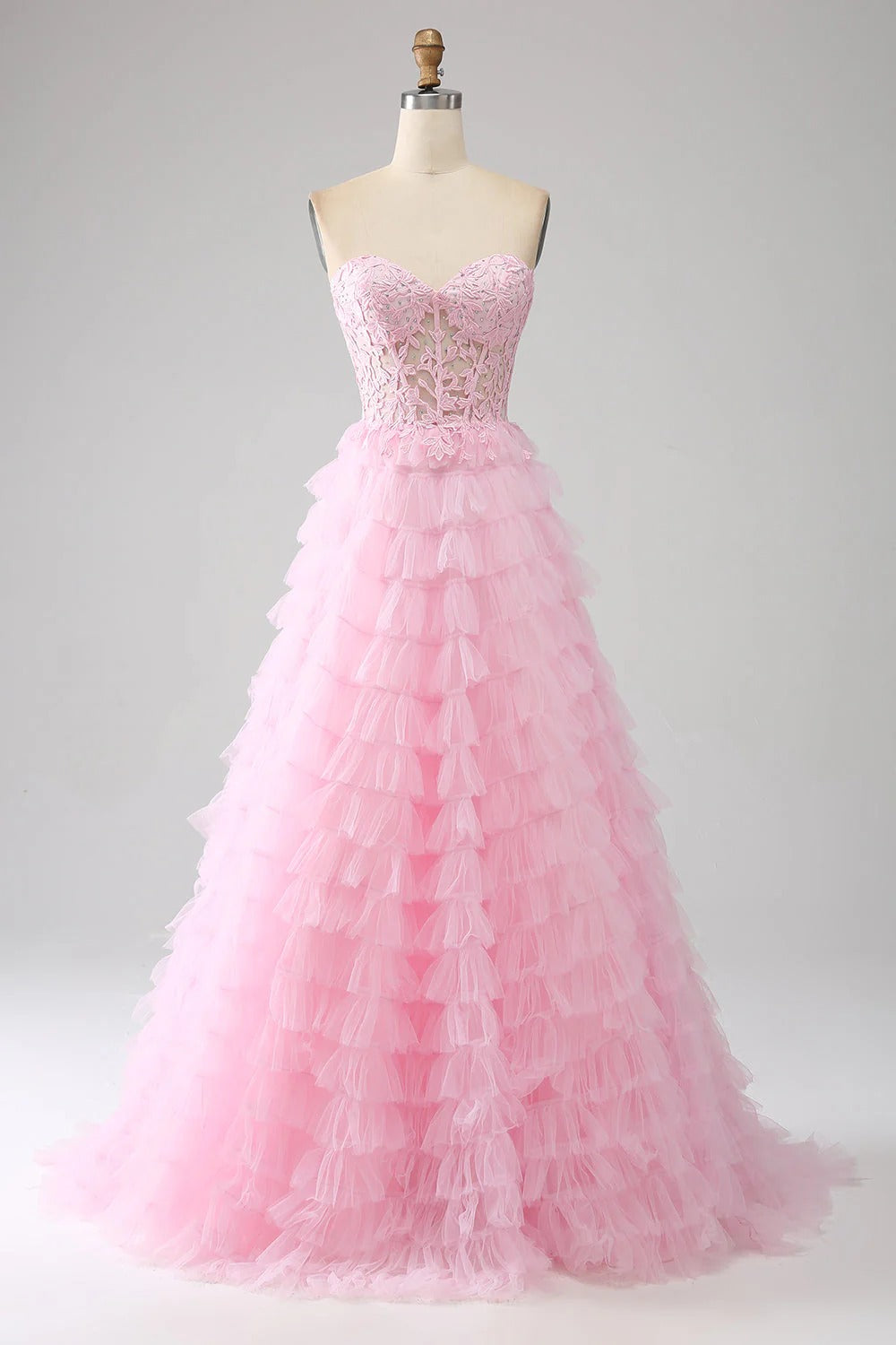 HEULORIA Enchanting Pink Tiered Ruffle Prom Dress - Sweetheart Strapless Lace-Up Ball Gown ED-355