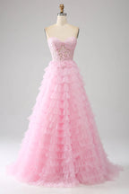 HEULORIA Enchanting Pink Tiered Ruffle Prom Dress - Sweetheart Strapless Lace-Up Ball Gown ED-355